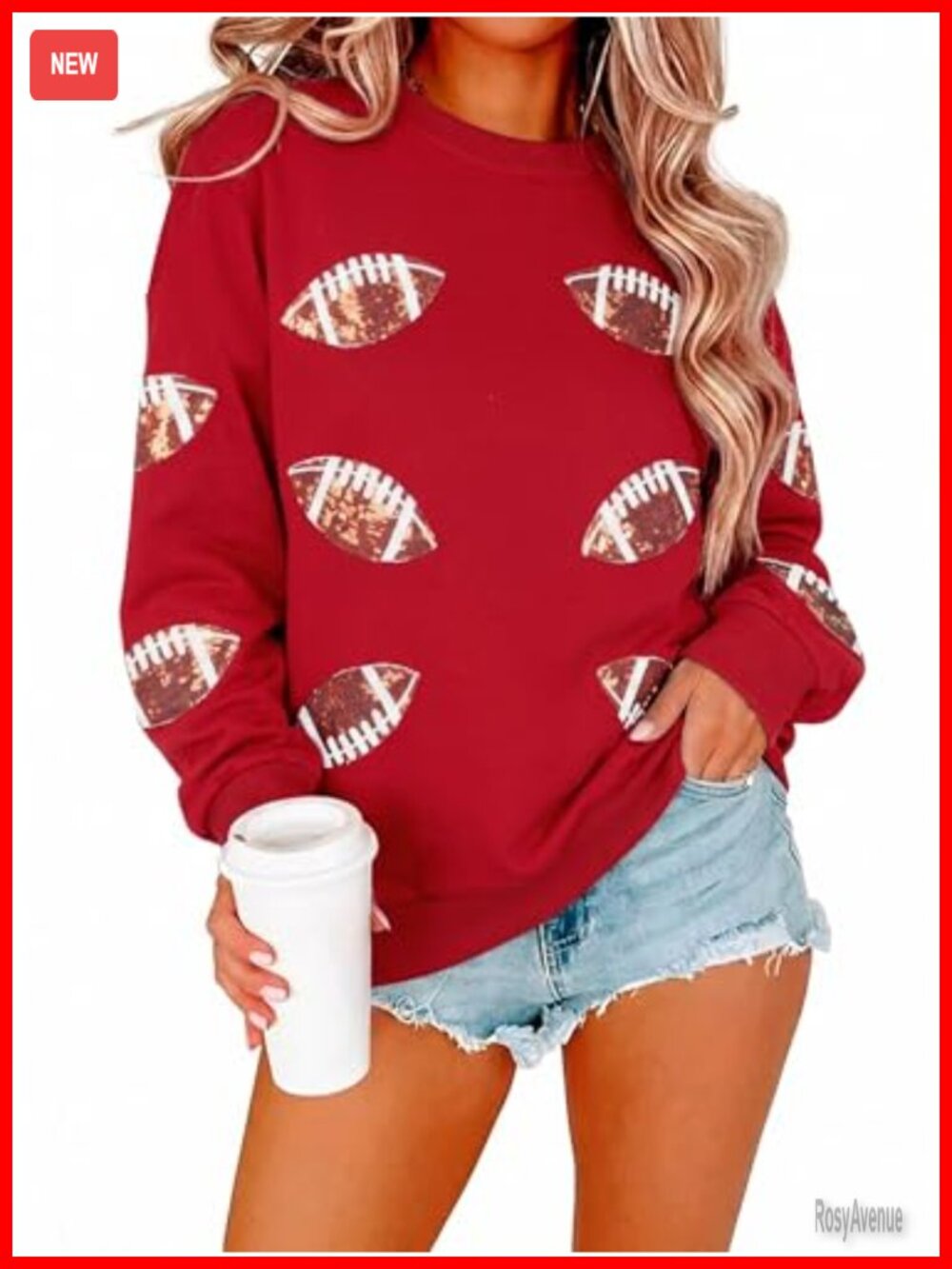 Sequin Football Sweatshirt Crewneck Pullover Long Sleeve Game Day Top